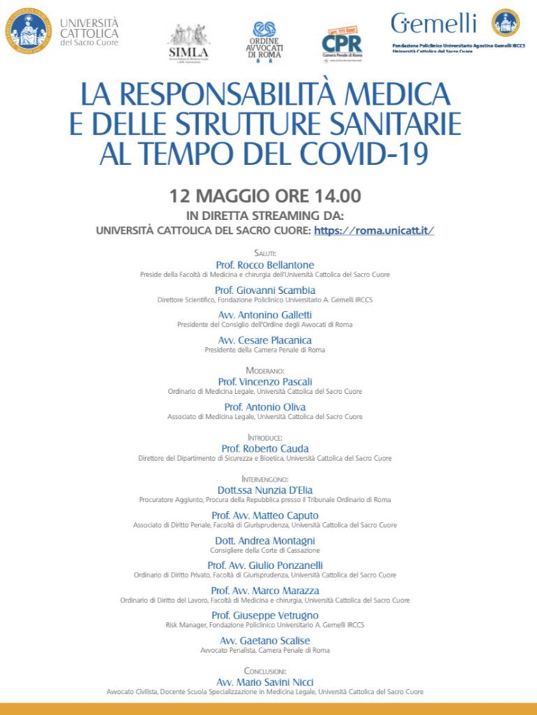 L'Università Cattolica di Roma organizza una diretta streaming il 12 maggio su Med Mal e Covid 19