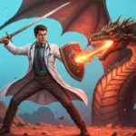 Medico armato di scudo e spada che affronta il fuoco di un drago, rappresentazione delle difficoltà della nuove norme responsabilità medica.